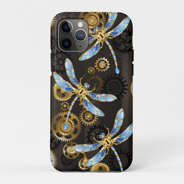 Steampunk Dragonflies on brown striped background Case-Mate iPhone Case (Back)