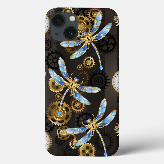 Steampunk Dragonflies on brown striped background Case-Mate iPhone Case (Back)