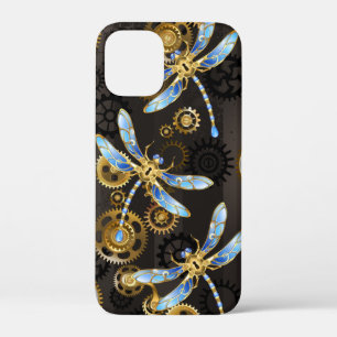 Steampunk Dragonflies on brown striped background iPhone 12 Mini Case