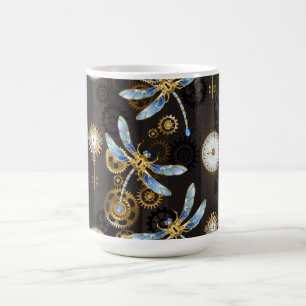 Steampunk Dragonflies on brown striped background Coffee Mug
