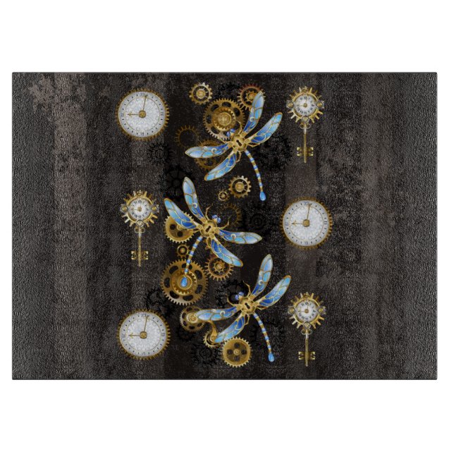 Steampunk Dragonflies on brown striped background Cutting Board (Front)