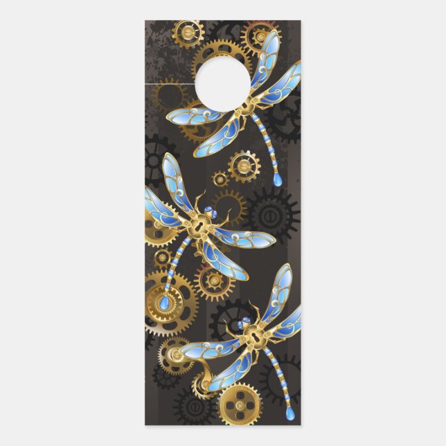 Steampunk Dragonflies on brown striped background Door Hanger (Front)
