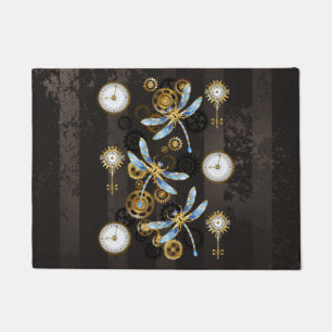 Steampunk Dragonflies on brown striped background Doormat