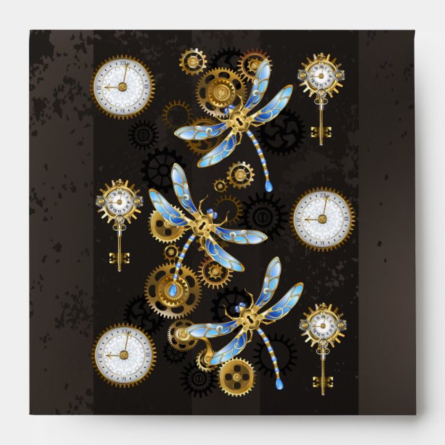 Steampunk Dragonflies on brown striped background Envelope (Front)