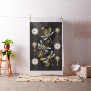 Steampunk Dragonflies on brown striped background Fabric