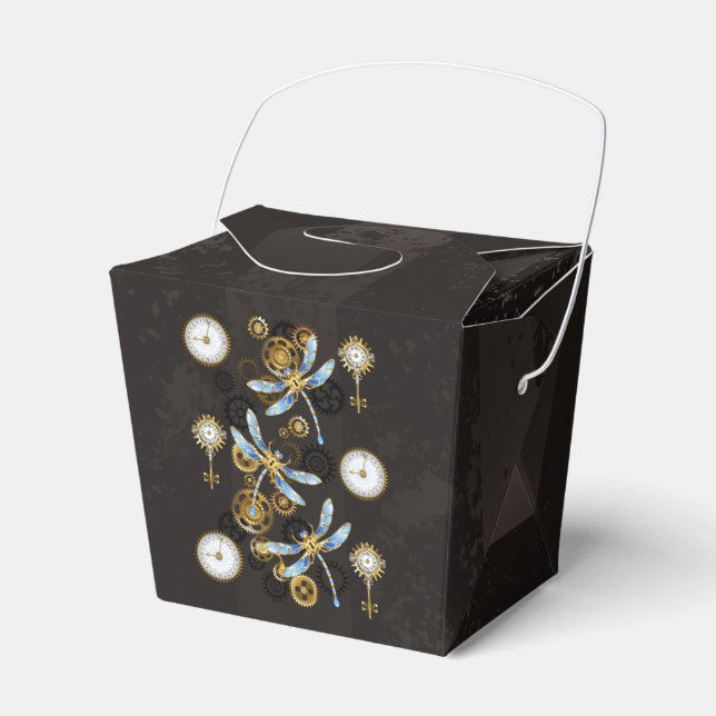 Steampunk Dragonflies on brown striped background Favor Box (Front Side)