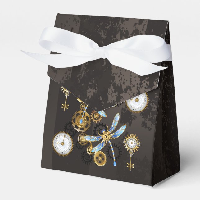 Steampunk Dragonflies on brown striped background Favor Box (Front Side)