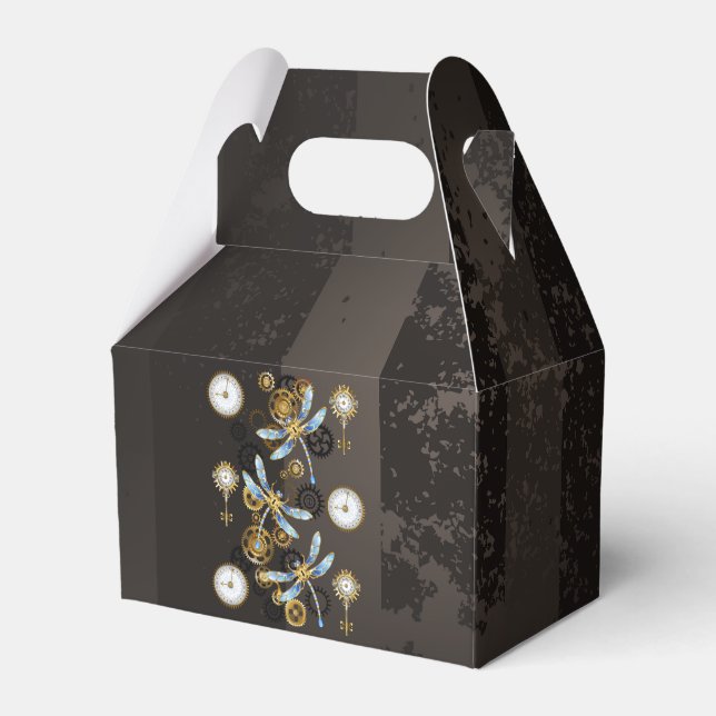 Steampunk Dragonflies on brown striped background Favor Box (Front Side)