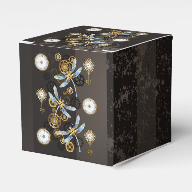 Steampunk Dragonflies on brown striped background Favor Box (Front Side)