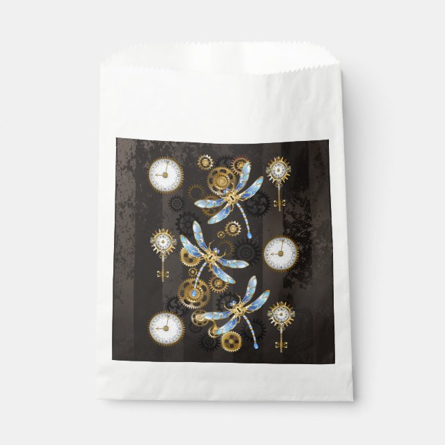 Steampunk Dragonflies on brown striped background Favour Bag (Front)