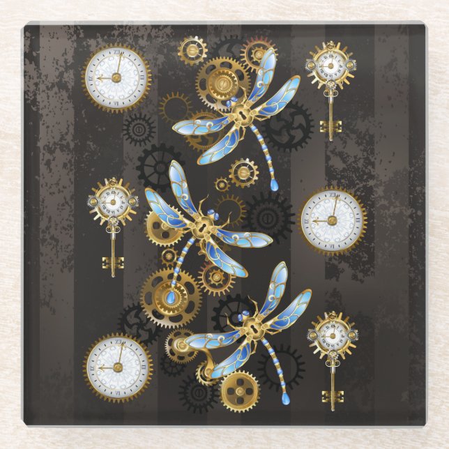 Steampunk Dragonflies on brown striped background Glass Coaster (Front)