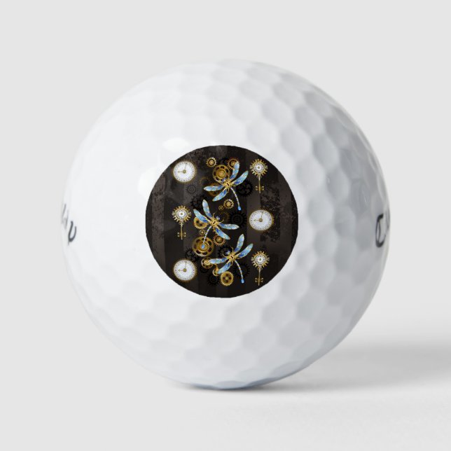 Steampunk Dragonflies on brown striped background Golf Balls (Front)