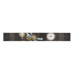 Steampunk Dragonflies on brown striped background Grosgrain Ribbon