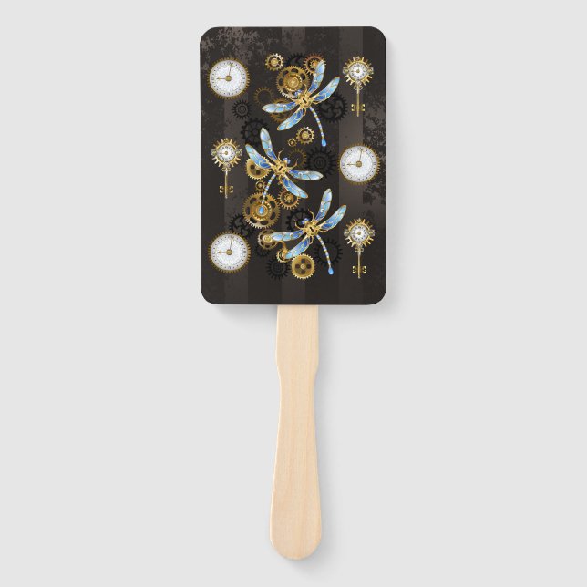 Steampunk Dragonflies on brown striped background Hand Fan (Front)