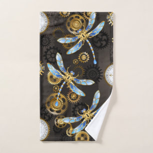 Steampunk Dragonflies on brown striped background Hand Towel