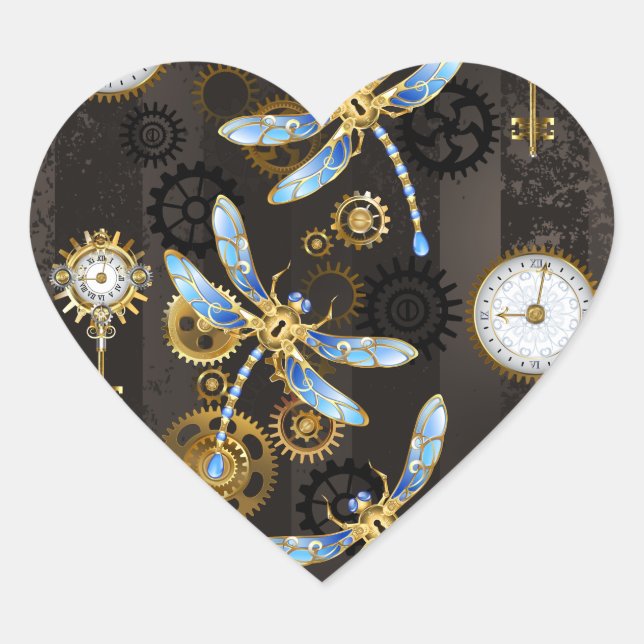 Steampunk Dragonflies on brown striped background Heart Sticker (Front)