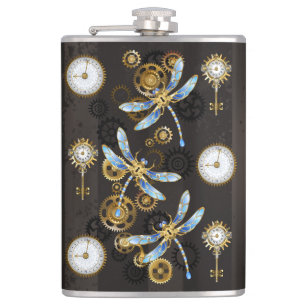 Steampunk Dragonflies on brown striped background Hip Flask