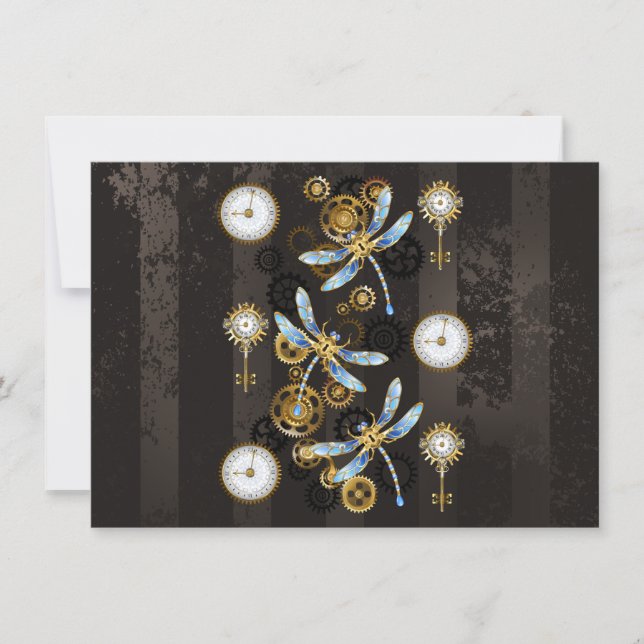 Steampunk Dragonflies on brown striped background Holiday Card (Front)