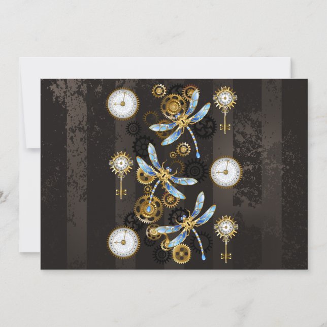 Steampunk Dragonflies on brown striped background Holiday Card (Front)