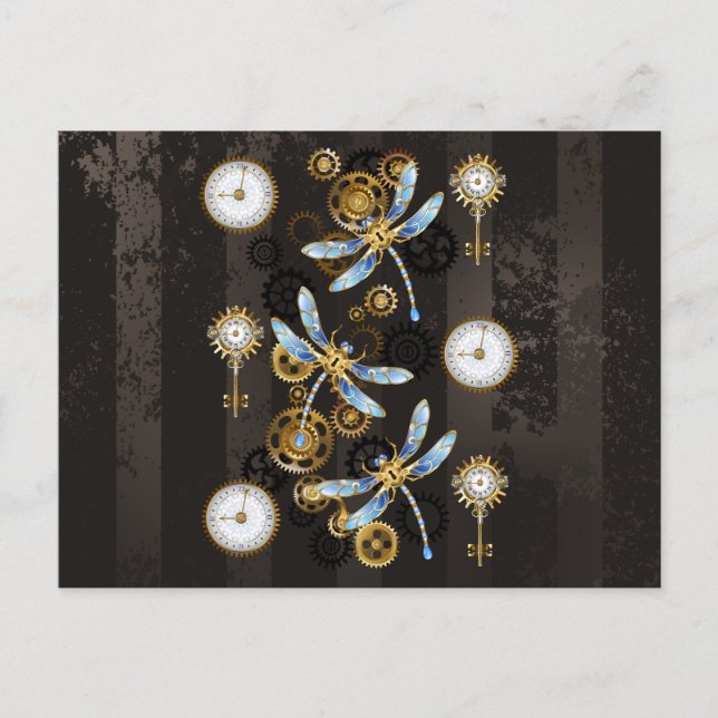 Steampunk Dragonflies on brown striped background Holiday Postcard (Front)