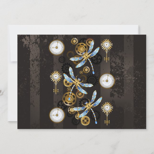 Steampunk Dragonflies on brown striped background Invitation (Front)