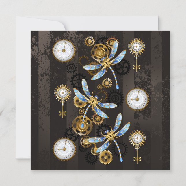 Steampunk Dragonflies on brown striped background Invitation (Front)