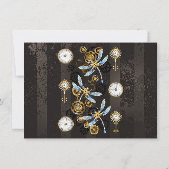 Steampunk Dragonflies on brown striped background Invitation (Front)
