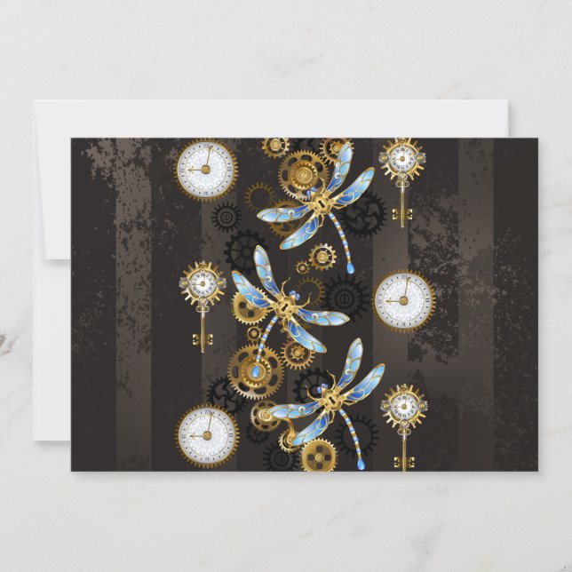Steampunk Dragonflies on brown striped background Invitation (Front)