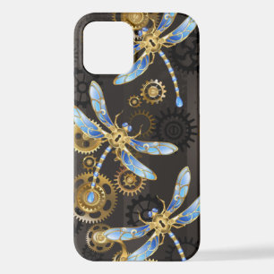 Steampunk Dragonflies on brown striped background iPhone 12 Case