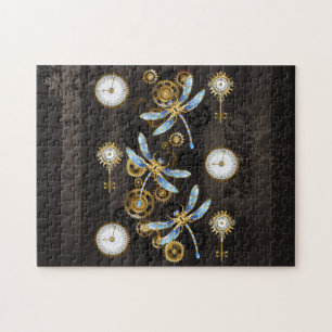 Steampunk Dragonflies on brown striped background Jigsaw Puzzle