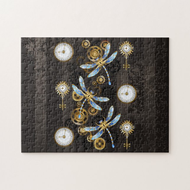 Steampunk Dragonflies on brown striped background Jigsaw Puzzle (Horizontal)