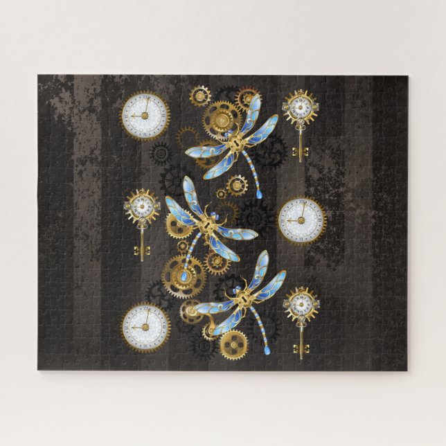 Steampunk Dragonflies on brown striped background Jigsaw Puzzle (Horizontal)
