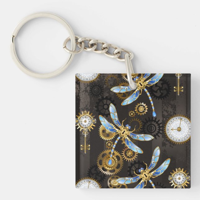 Steampunk Dragonflies on brown striped background Keychain (Front)