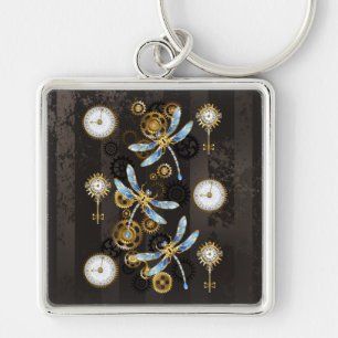 Steampunk Dragonflies on brown striped background Keychain