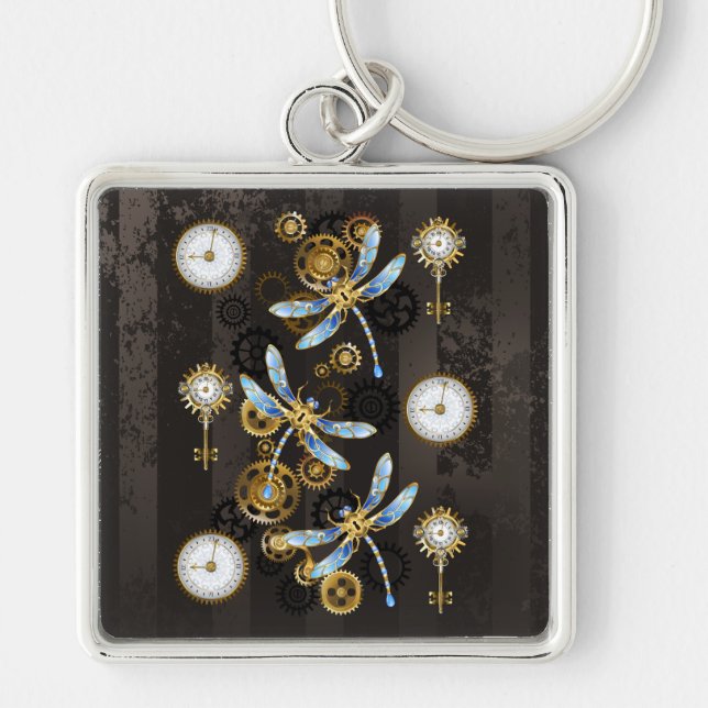 Steampunk Dragonflies on brown striped background Keychain (Front)