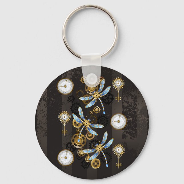 Steampunk Dragonflies on brown striped background Keychain (Front)