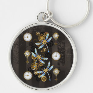 Steampunk Dragonflies on brown striped background Keychain