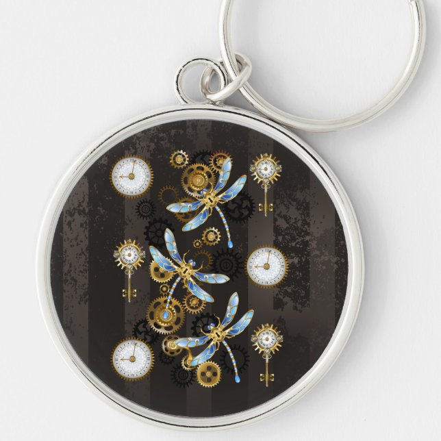 Steampunk Dragonflies on brown striped background Keychain (Front)