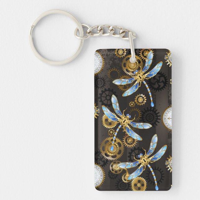 Steampunk Dragonflies on brown striped background Keychain (Front)