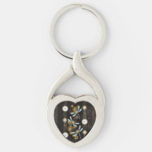 Steampunk Dragonflies on brown striped background Keychain