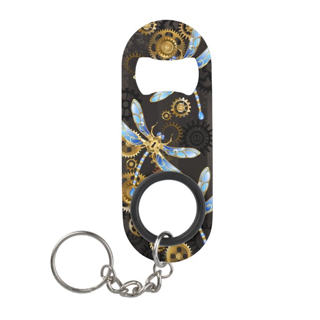 Steampunk Dragonflies on brown striped background Keychain Bottle Opener (Front)