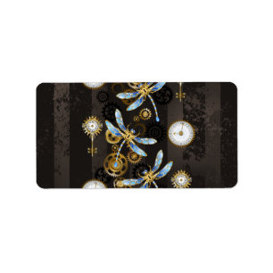 Steampunk Dragonflies on brown striped background Label