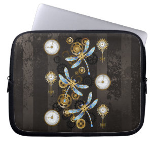 Steampunk Dragonflies on brown striped background Laptop Sleeve