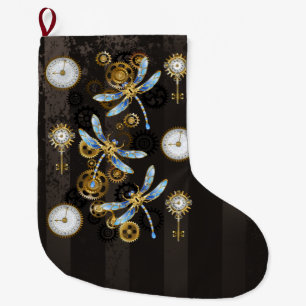 Steampunk Dragonflies on brown striped background Large Christmas Stocking