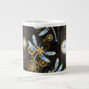 Steampunk Dragonflies on brown striped background Large Coffee Mug