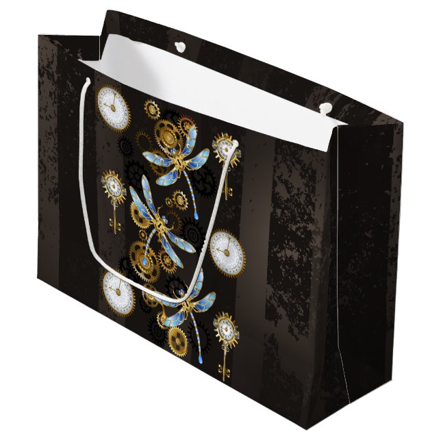 Steampunk Dragonflies on brown striped background Large Gift Bag (Front Angled)