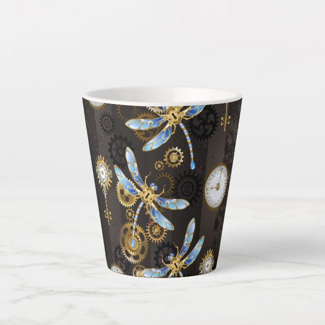 Steampunk Dragonflies on brown striped background Latte Mug (Front)