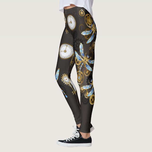 Steampunk Dragonflies on brown striped background Leggings (Left)