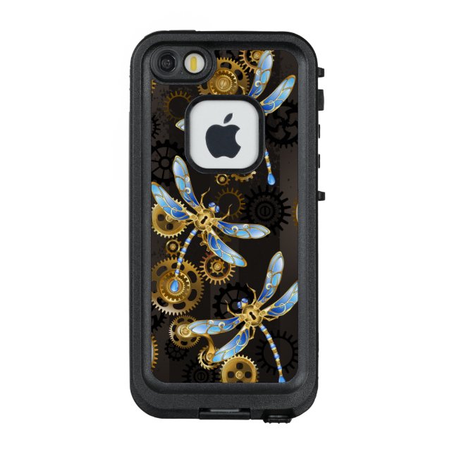 Steampunk Dragonflies on brown striped background LifeProof iPhone Case (Back)