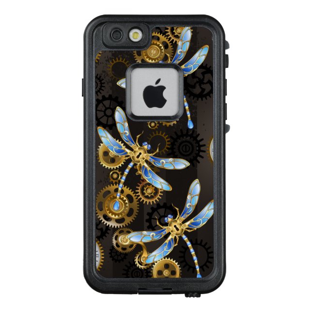 Steampunk Dragonflies on brown striped background LifeProof iPhone Case (Back)
